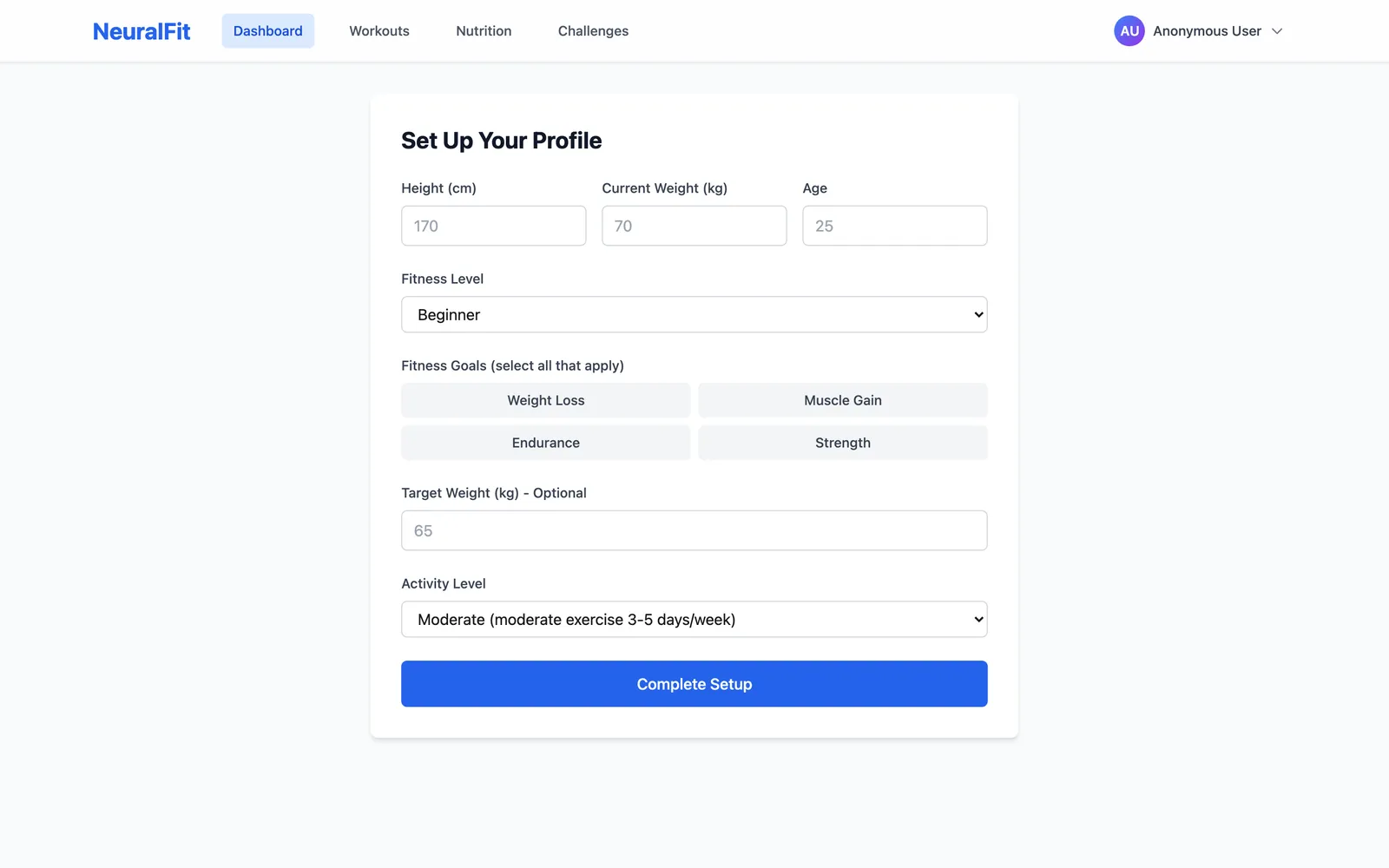 Screenshot of Fitness & Nutrition Platform