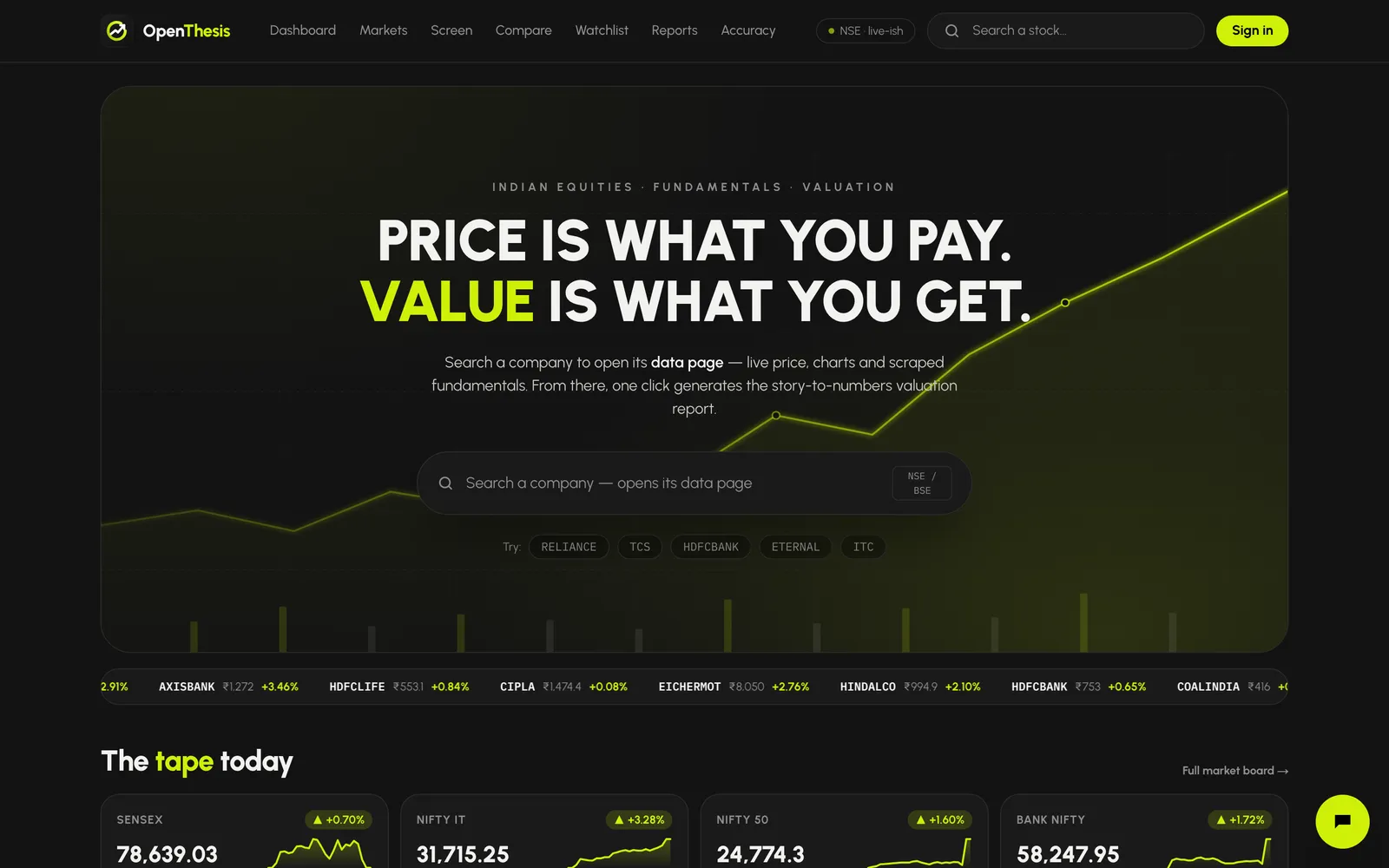 Screenshot of Valuation Terminal for Indian Equities